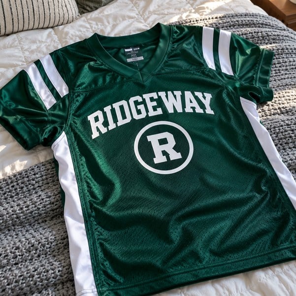 Customer photo of a custom football jersey on a bed