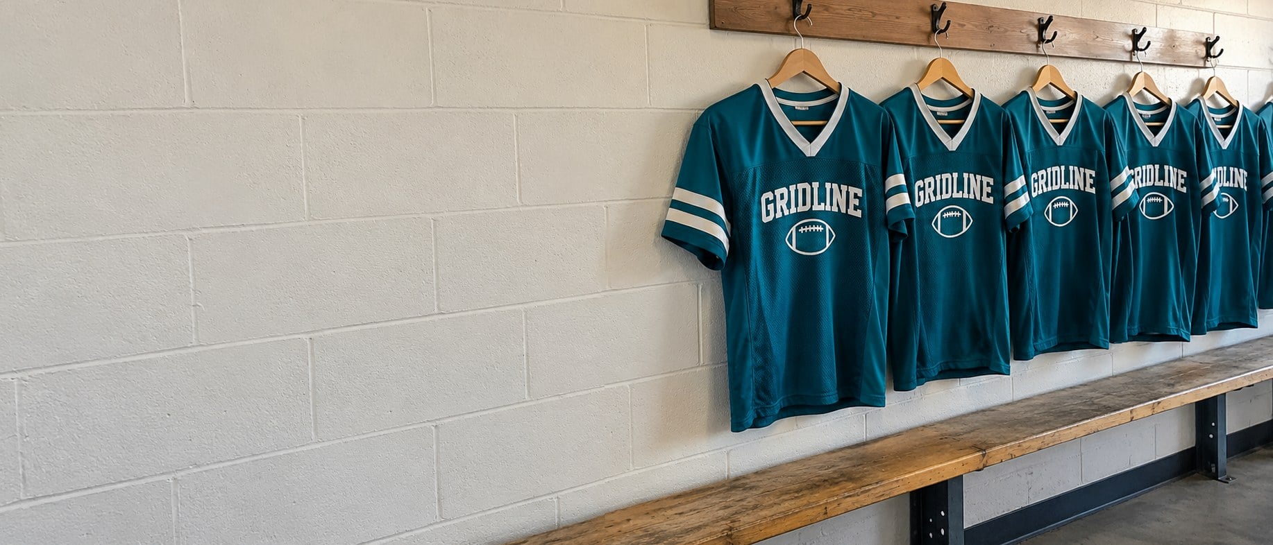 Custom football jerseys for a team hanging in a locker room